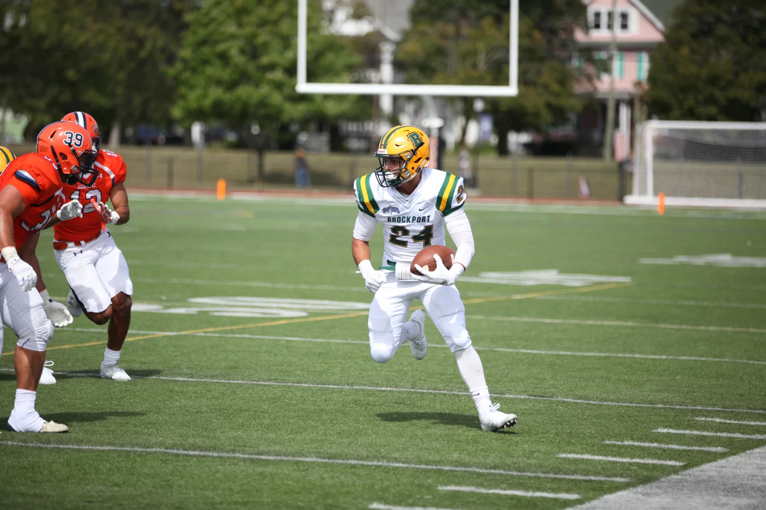Brockport WR near the sidelines looking for more yards