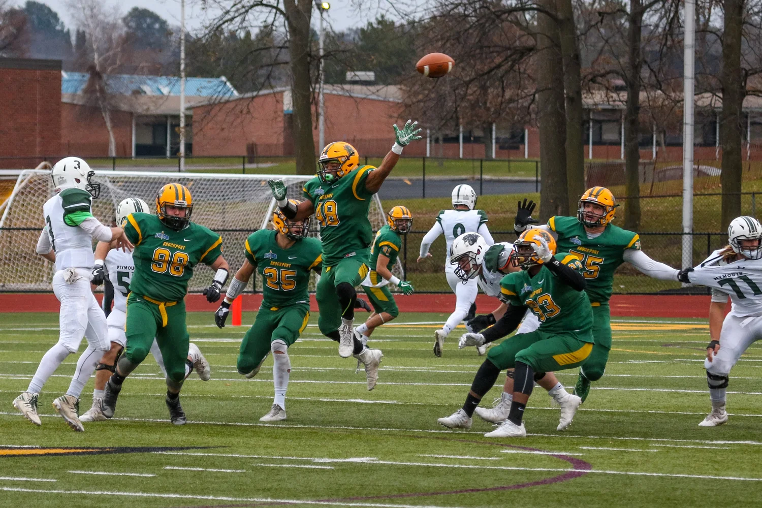Defenders jumping to block the QB's throw