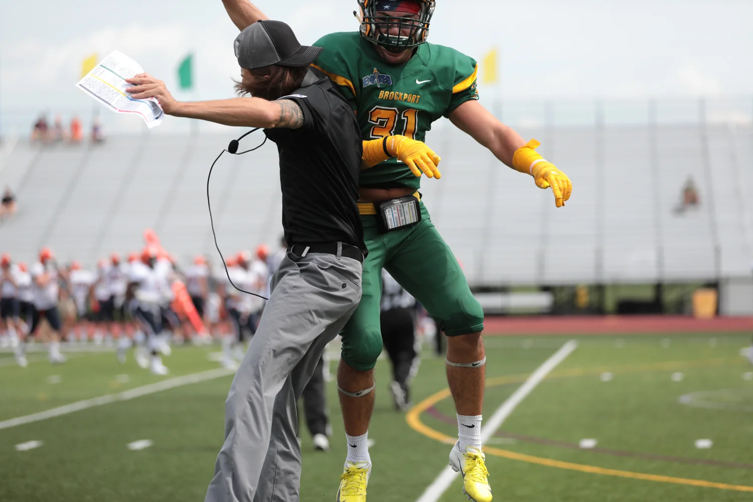 Celebration over the interception on the first play of the game for the defense