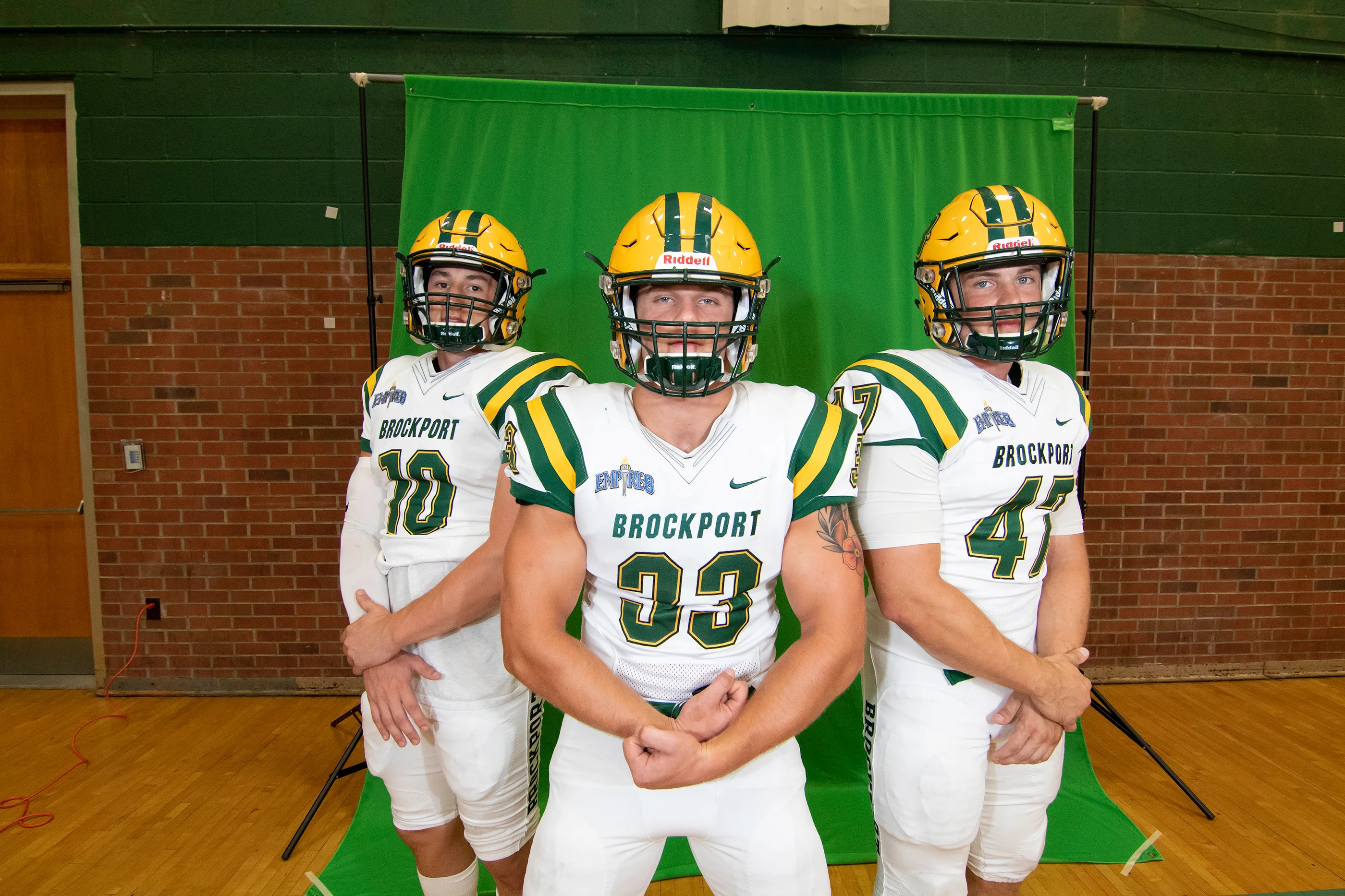 Defensive Backfield posing on Brockport Football Media Day