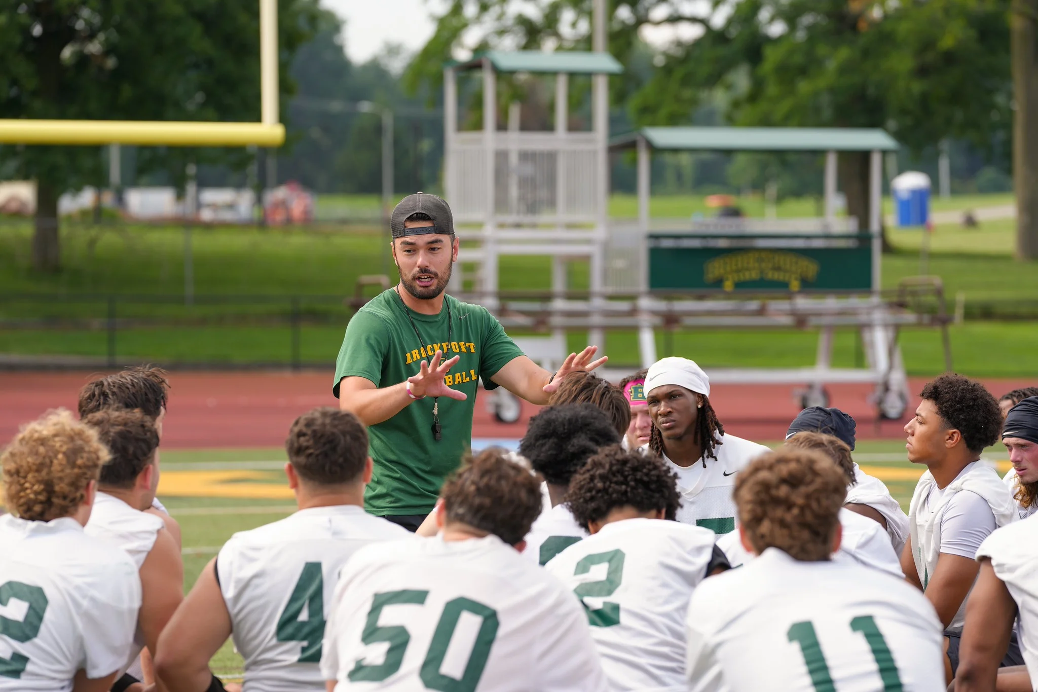 Coach talking to the team in a huddle